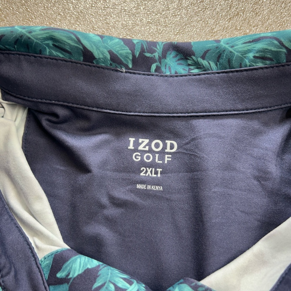 Izod Teal‎ Tropical Leaf Print Golf Polo, 2XLT for Big Men - Picture 5 of 7